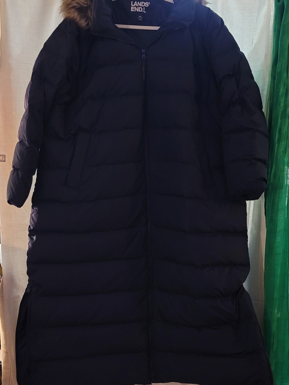 Lands' End Women's Long Navy Down Puffer Coat with Faux-Fur Trimmed Hood